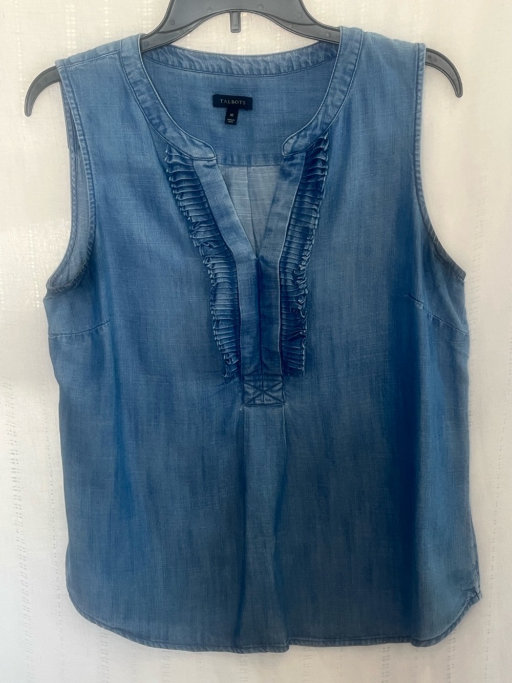 Talbots Chambray Ruffle-Trim Sleeveless V-Neck Top - Blue